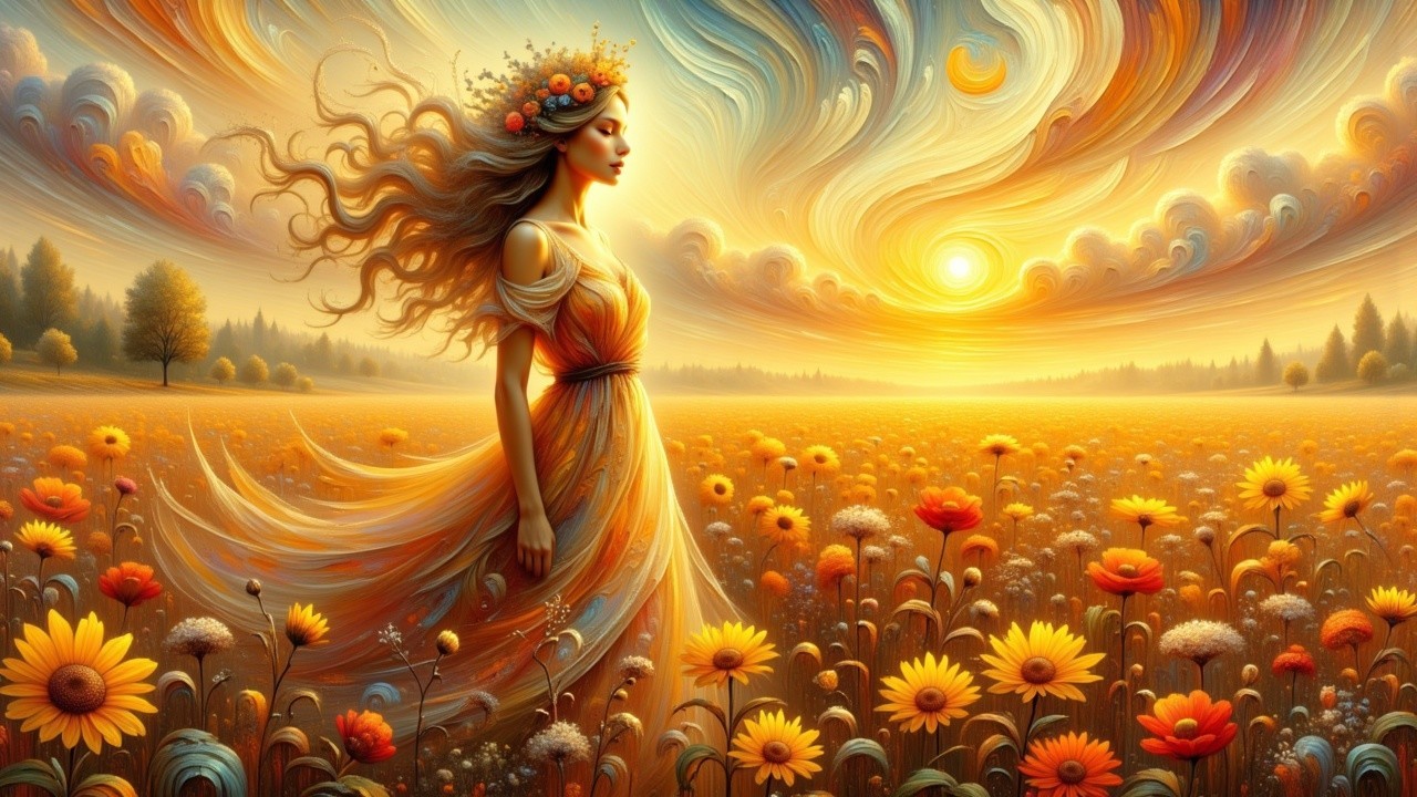 Serene figure in vibrant flower field at sunset