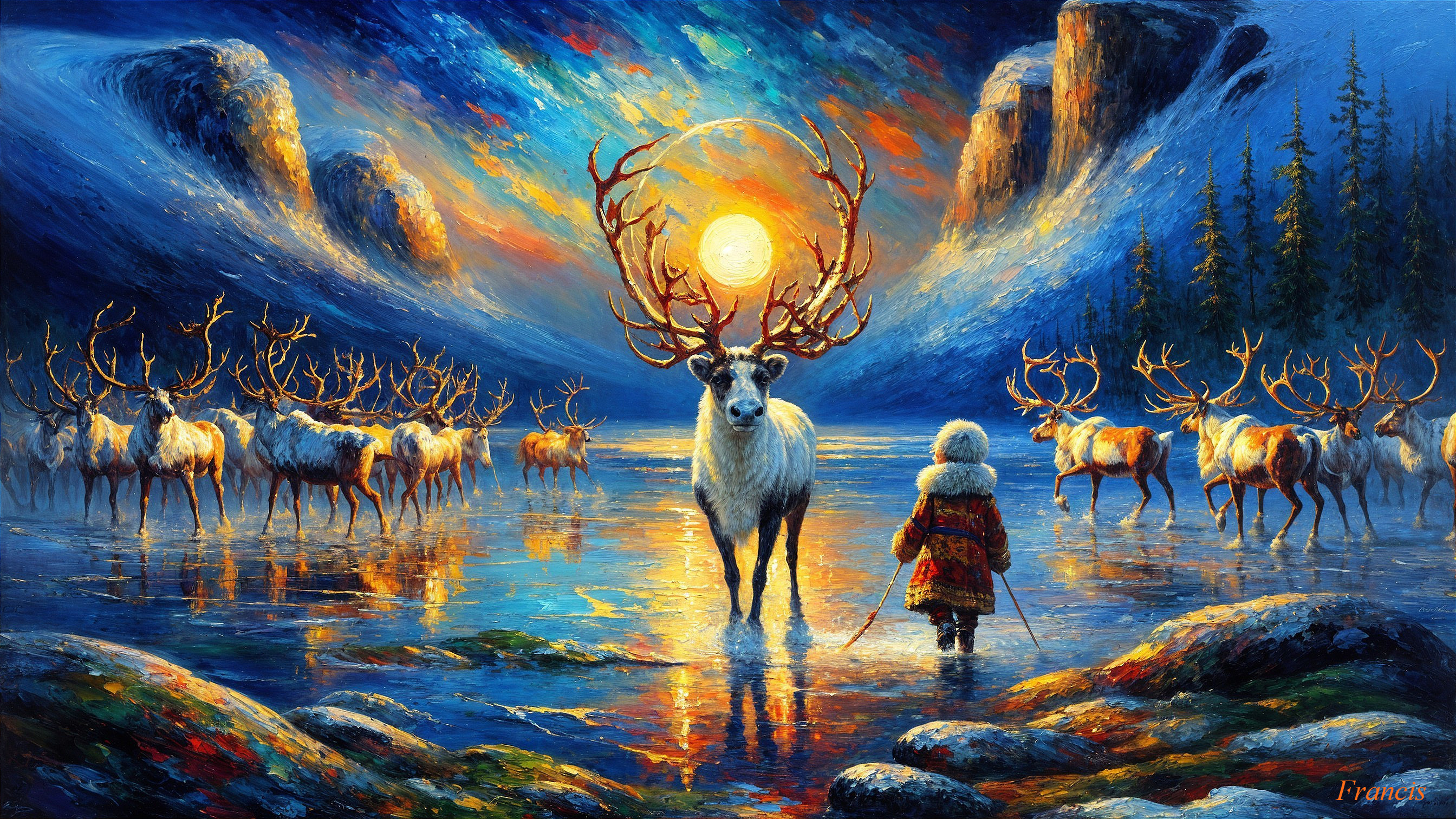 Dreamlike Landscape with Boy and Reindeer at Sunset