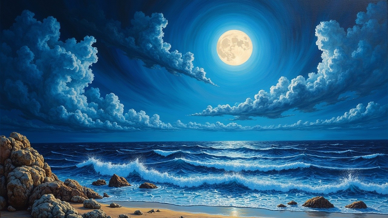 Moonlit Seascape with Waves and Rocky Shores