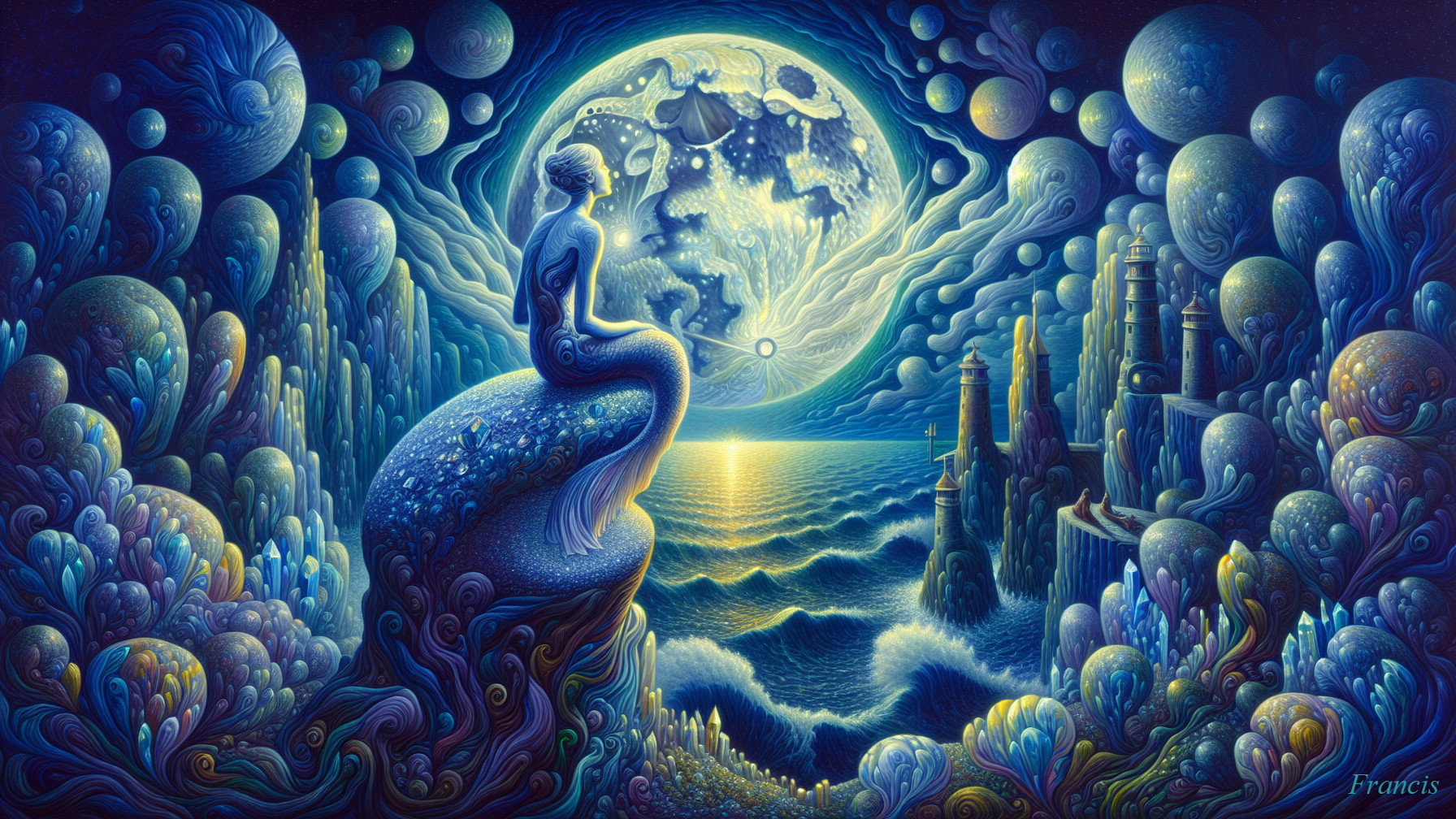 Mermaid on Rocks Under Luminous Full Moon and Ocean