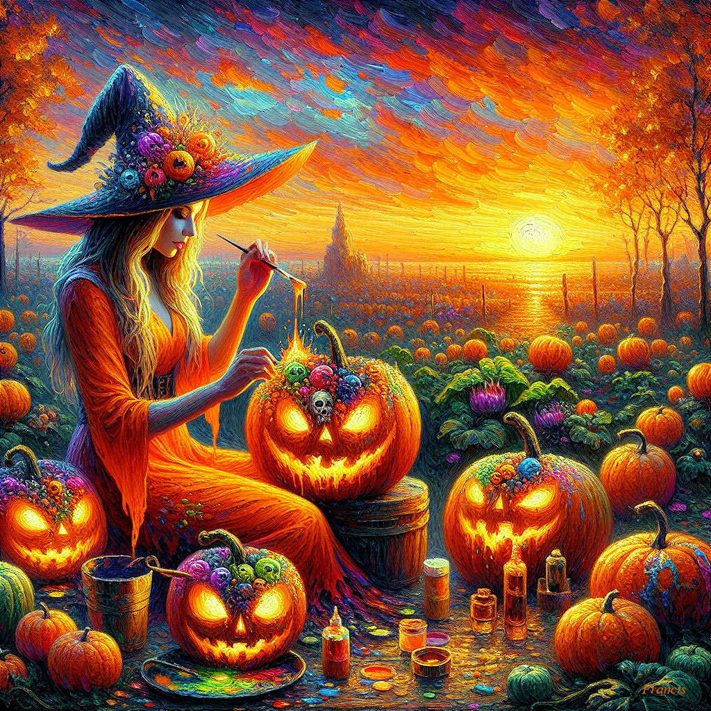Witch Painting Jack-o-Lanterns in Pumpkin Patch Scene