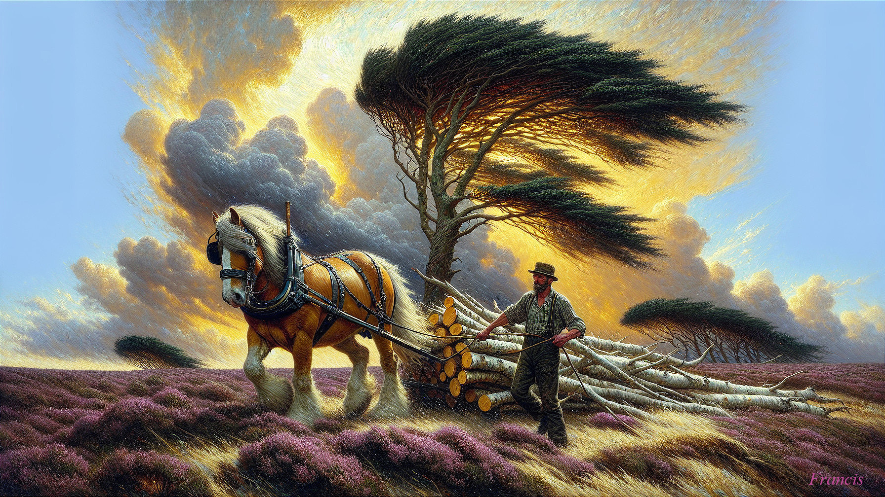 Farmer with Horse and Log Cart in Colorful Landscape