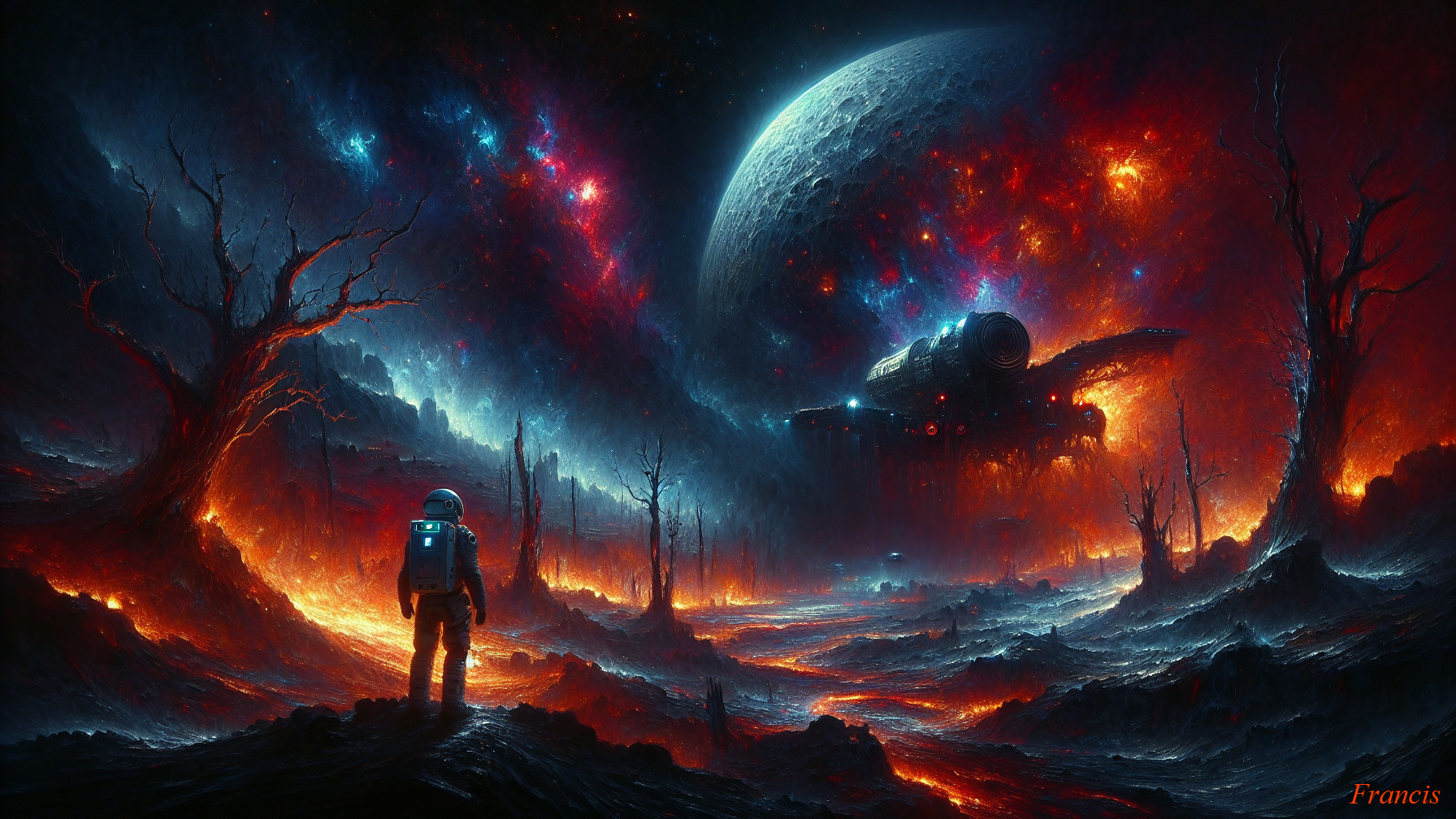 Astronaut on a surreal fiery landscape with spaceship