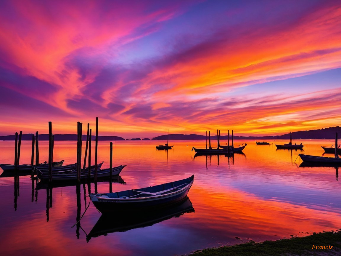 Twilight Scene of Waterway with Wooden Boats and Reflections