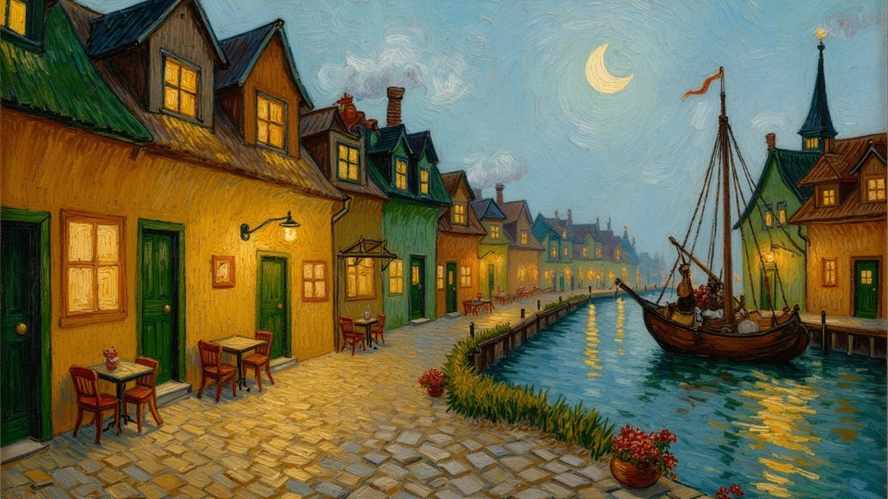 Charming Riverside Scene at Dusk with Cozy Houses