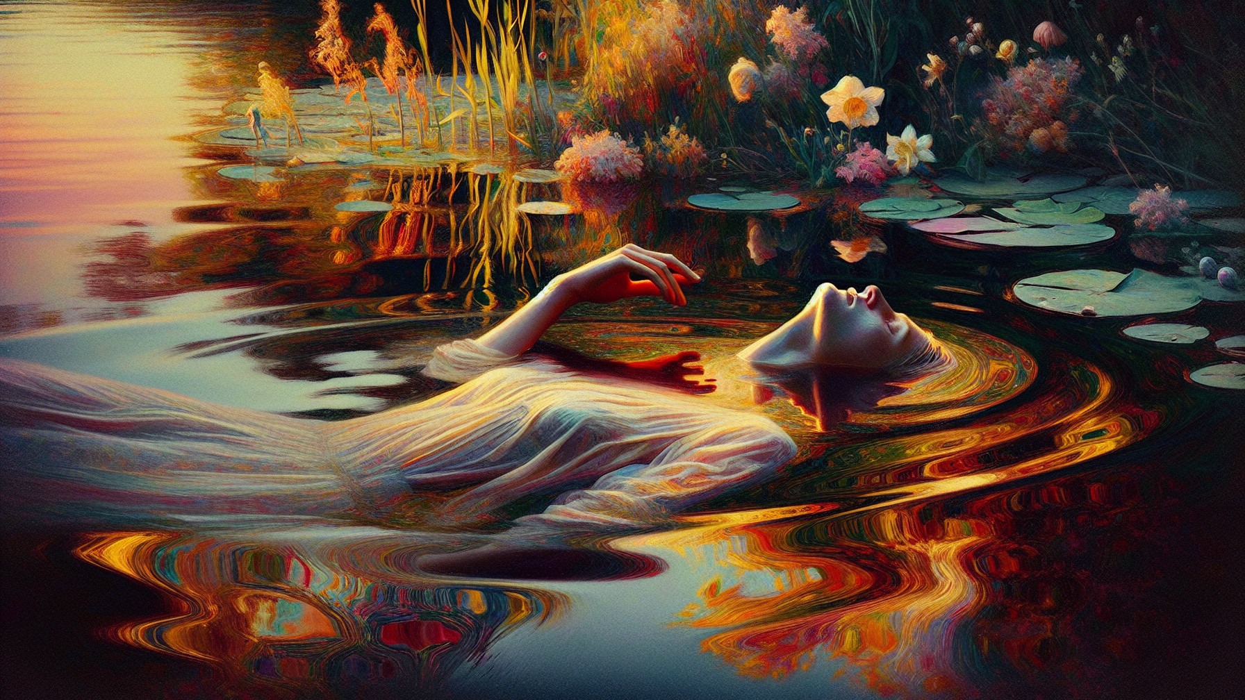 Serene Floating Figure in Vibrant Nature Setting