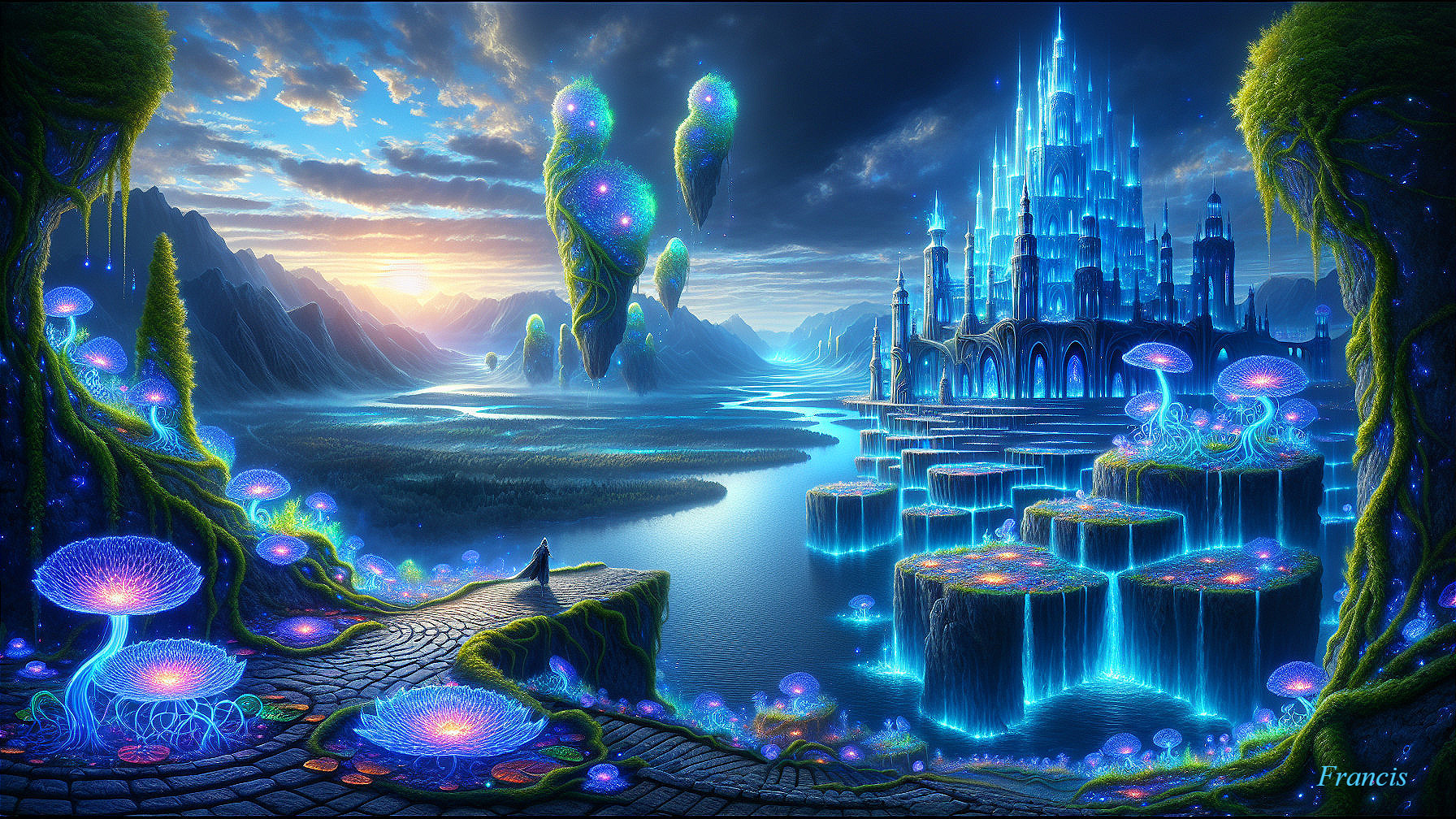 Mystical City in a Fantasy Landscape at Sunset