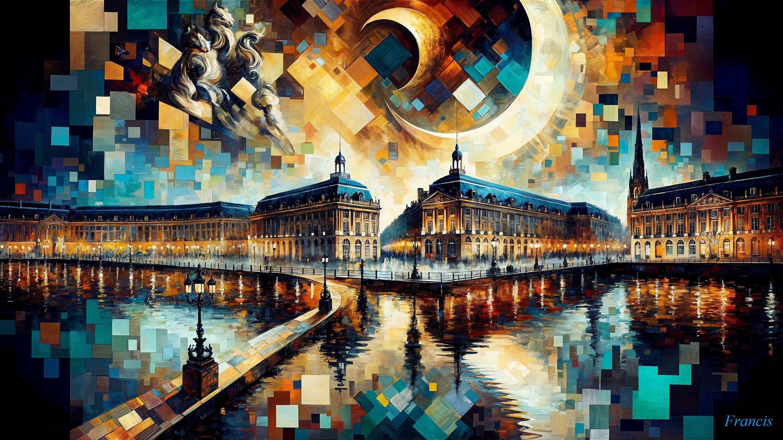 Abstract Night Scene of Historic Building by River