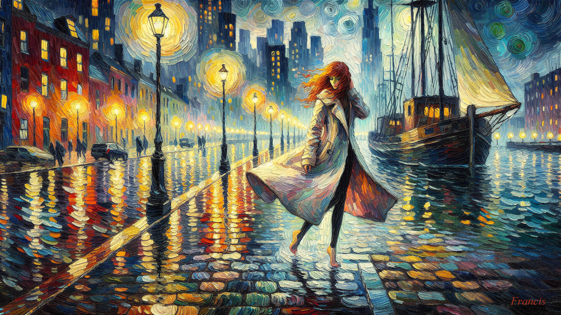 Vibrant Night Cityscape with Young Woman by Waterway