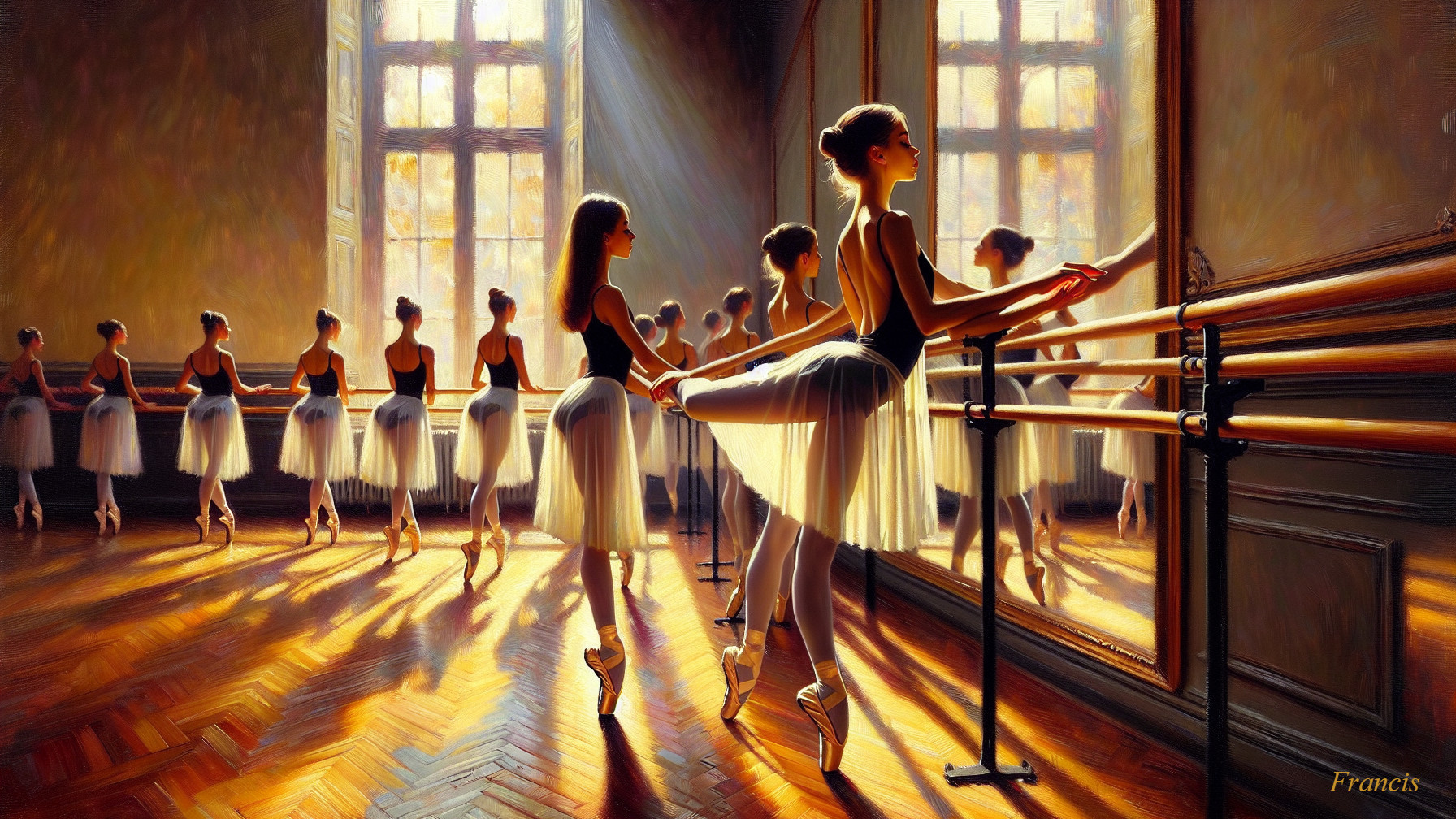 Ballet Practice in Sunlit Studio with Reflections