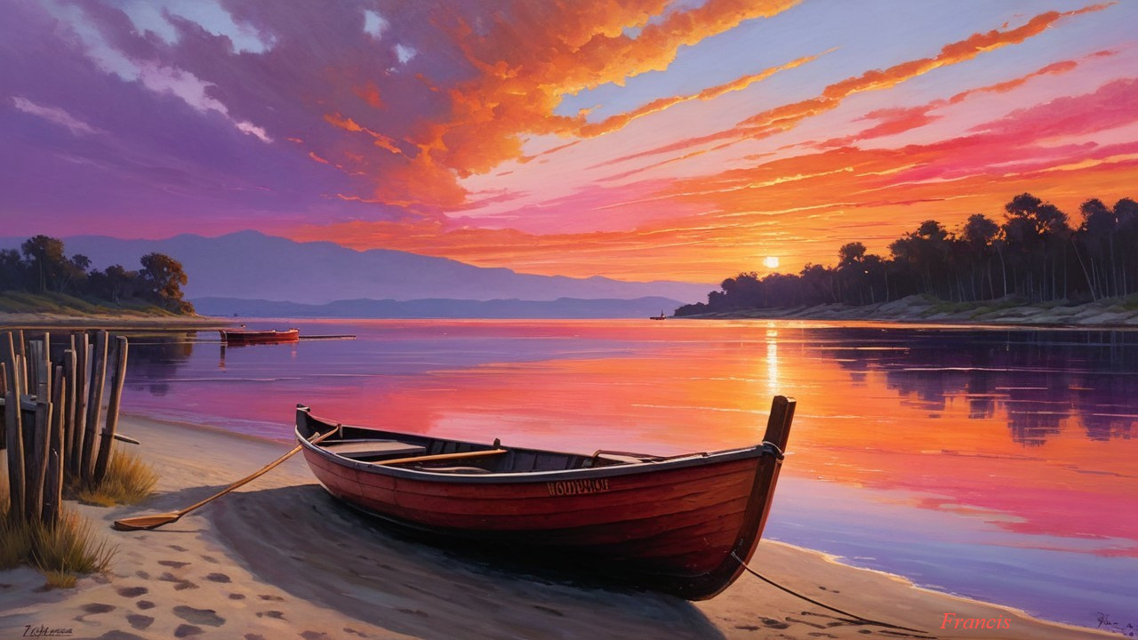 Vibrant Sunset Over Calm Waters with Red Boat