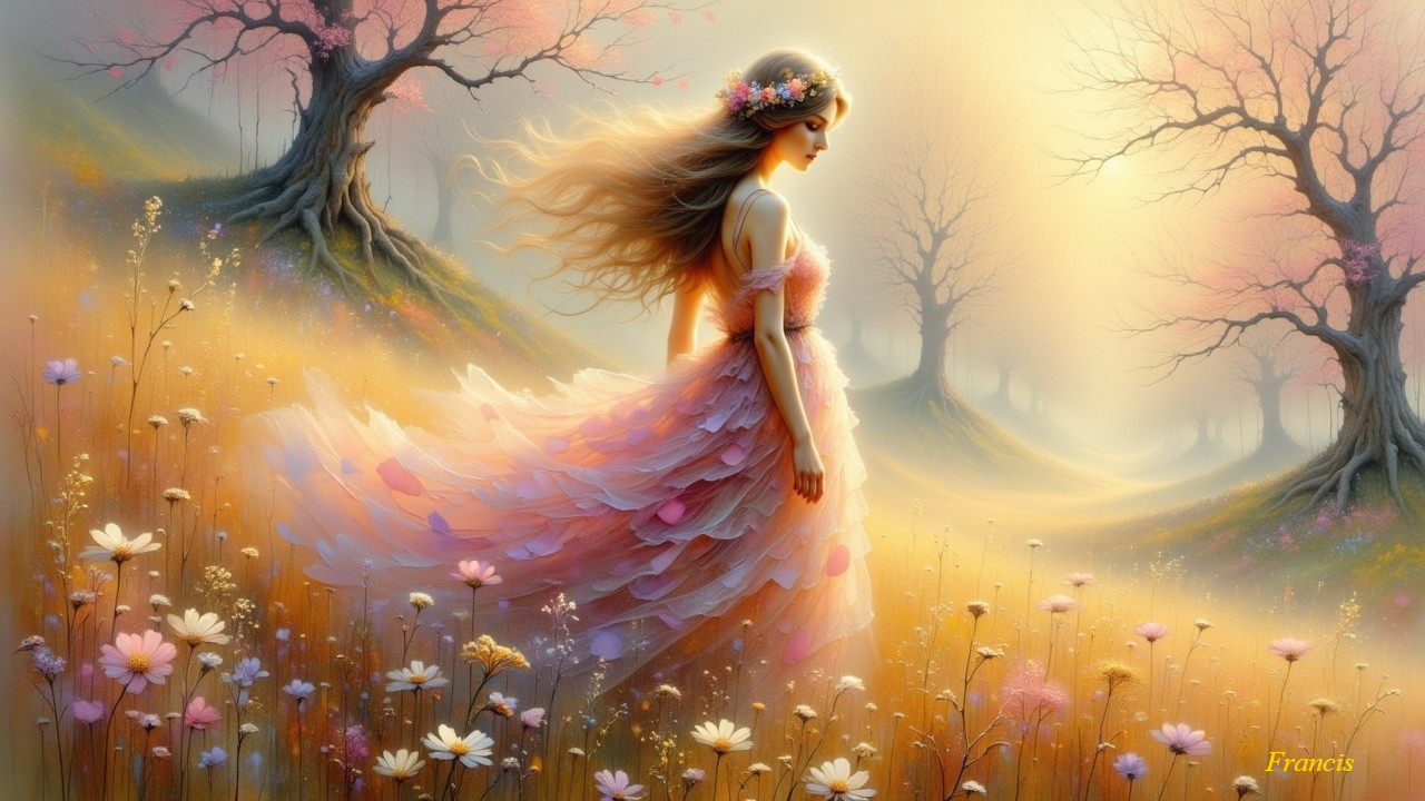 Ethereal Figure in Pink Dress in Tranquil Landscape