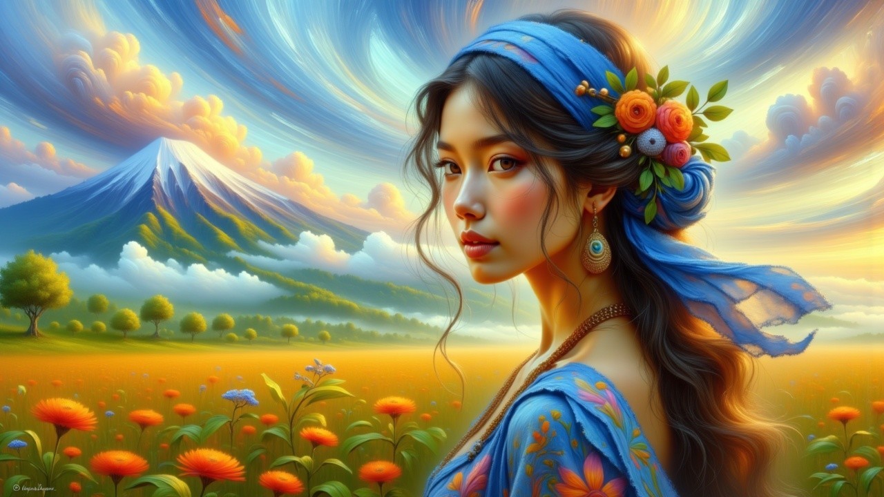 Young Woman with Flowers in Scenic Landscape