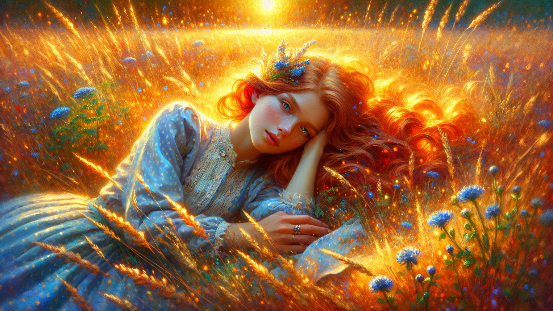 Young Woman in Vintage Dress in Sunlit Wildflower Field