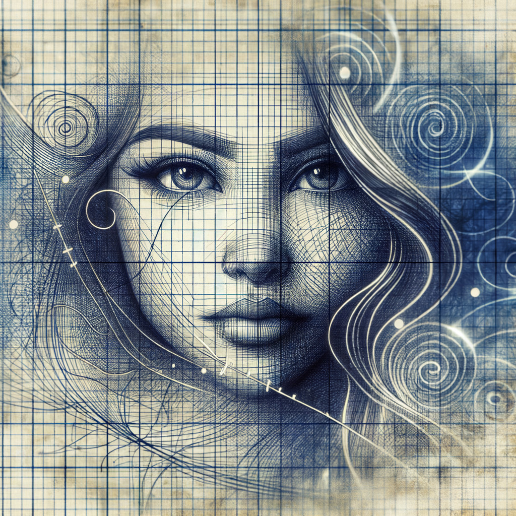 Portrait of a Woman with Blue-Toned Sketch Elements