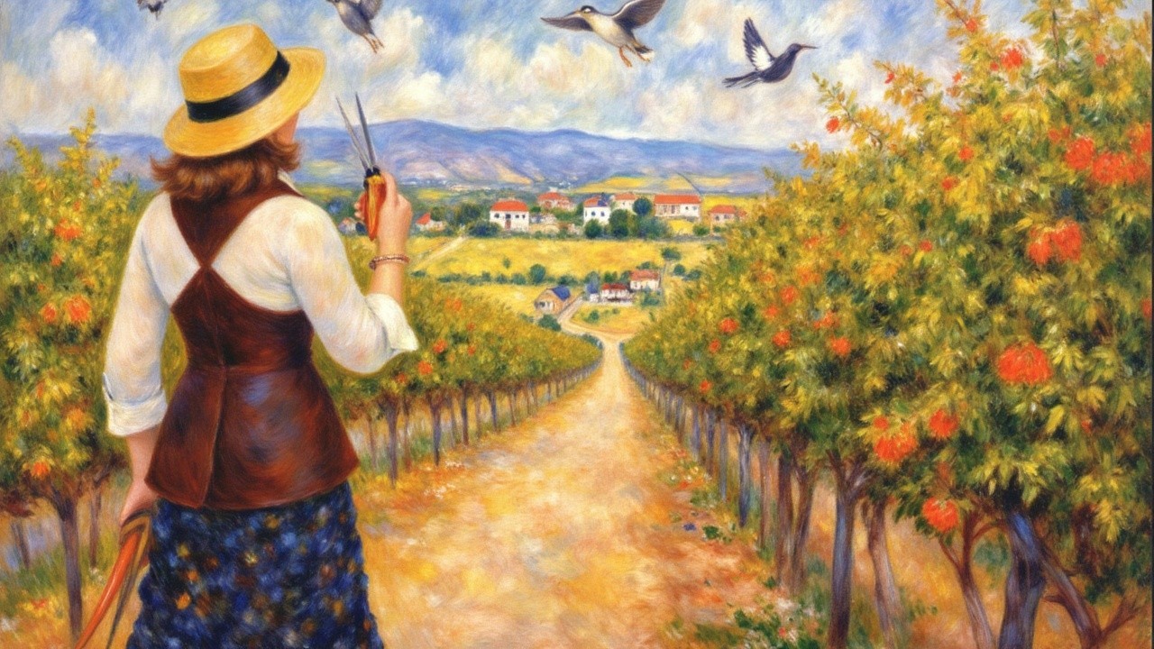 Woman in Vineyard with Pruning Shears and Straw Hat