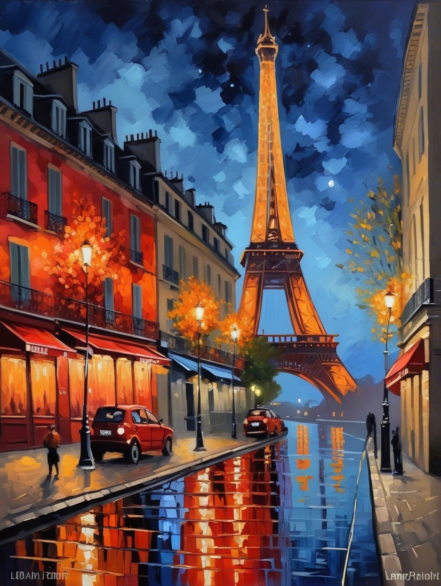 Evening Scene of Paris with Eiffel Tower and Cafes