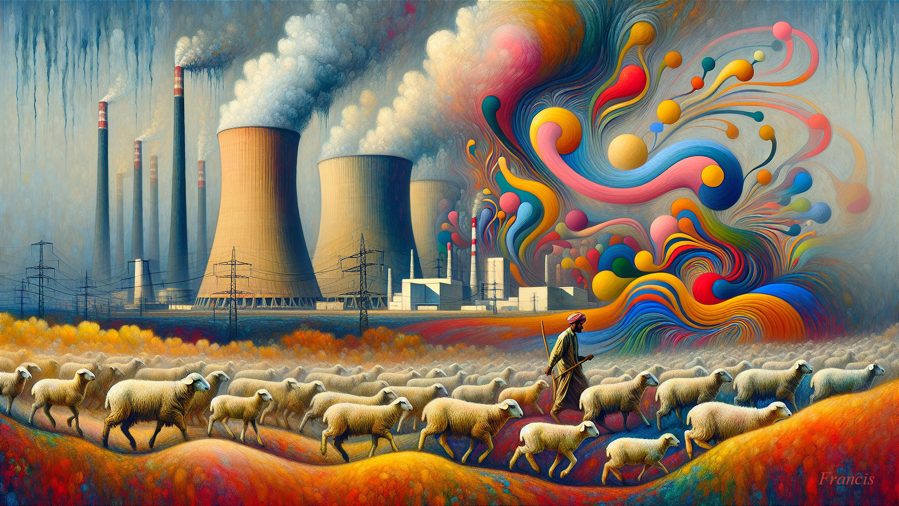 Surreal Landscape of Shepherd and Industrial Backdrop