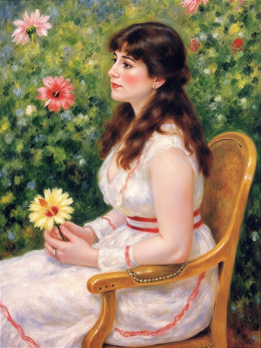 Young woman in white dress in a vibrant garden