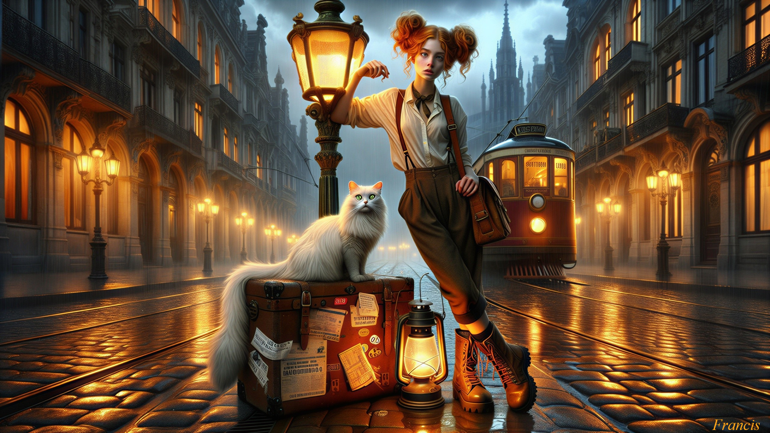 Vintage Cityscape with Young Woman and White Cat