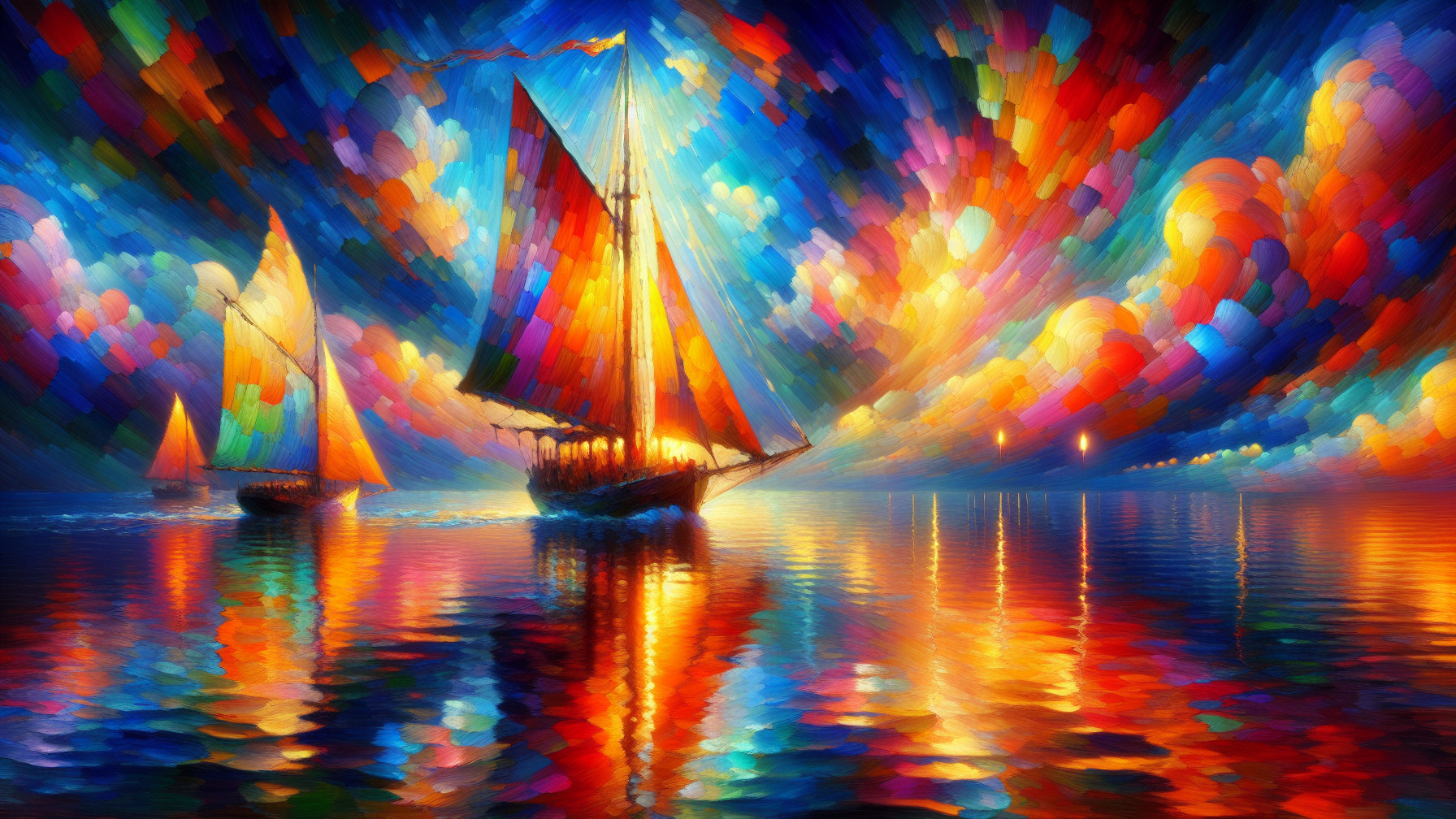 Sailboats on Colorful Water Under Vibrant Sky