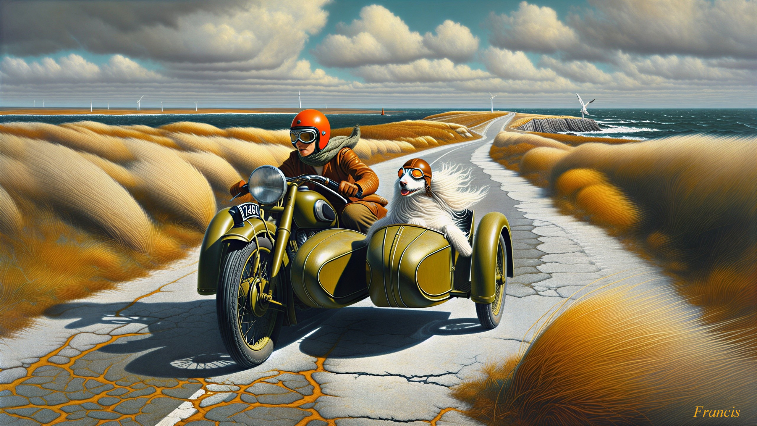 Vintage Motorcycle Ride with Dog on Coastal Road