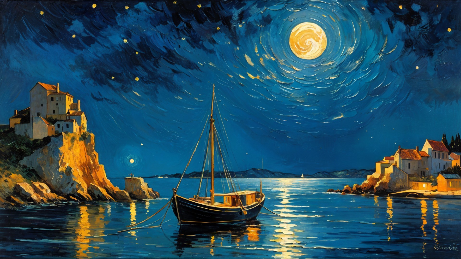 Serene Nighttime Scene with Moonlit Sea and Cliffs