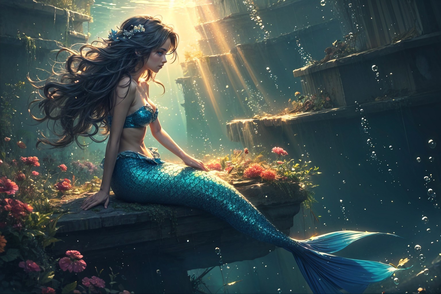 Underwater Scene with Mermaid and Vibrant Flowers