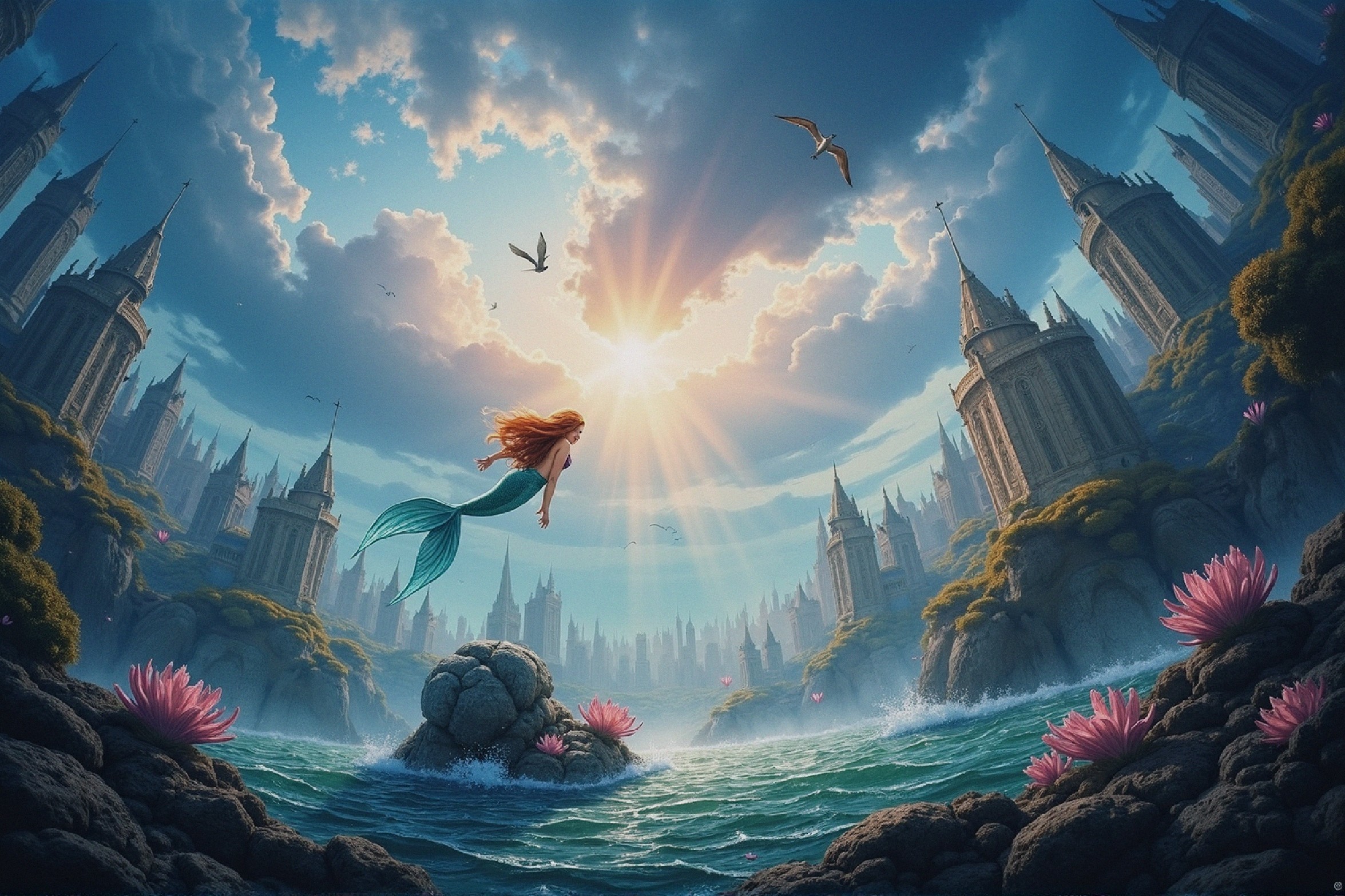Mermaid in Underwater World with Sunlight and Castles