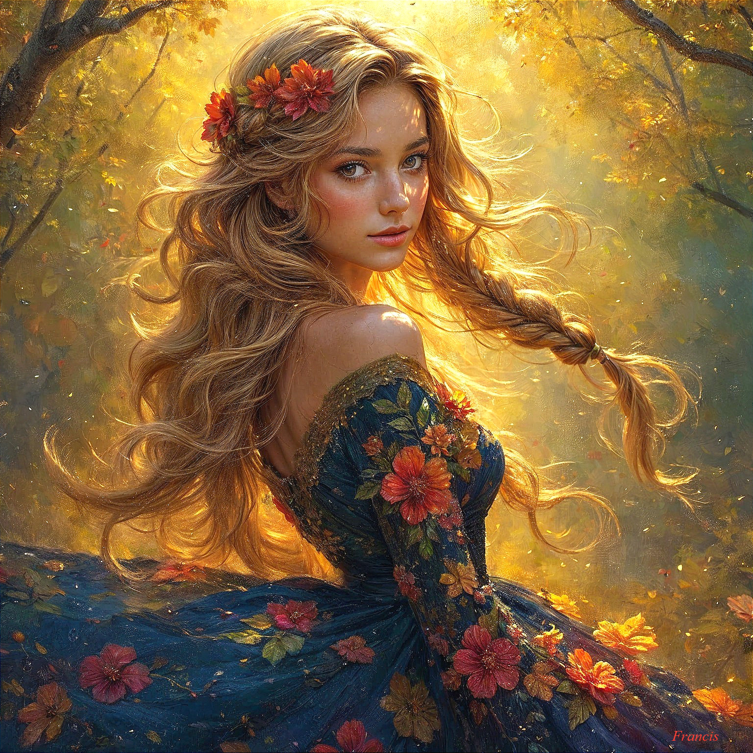 Young woman in floral gown among autumn scenery