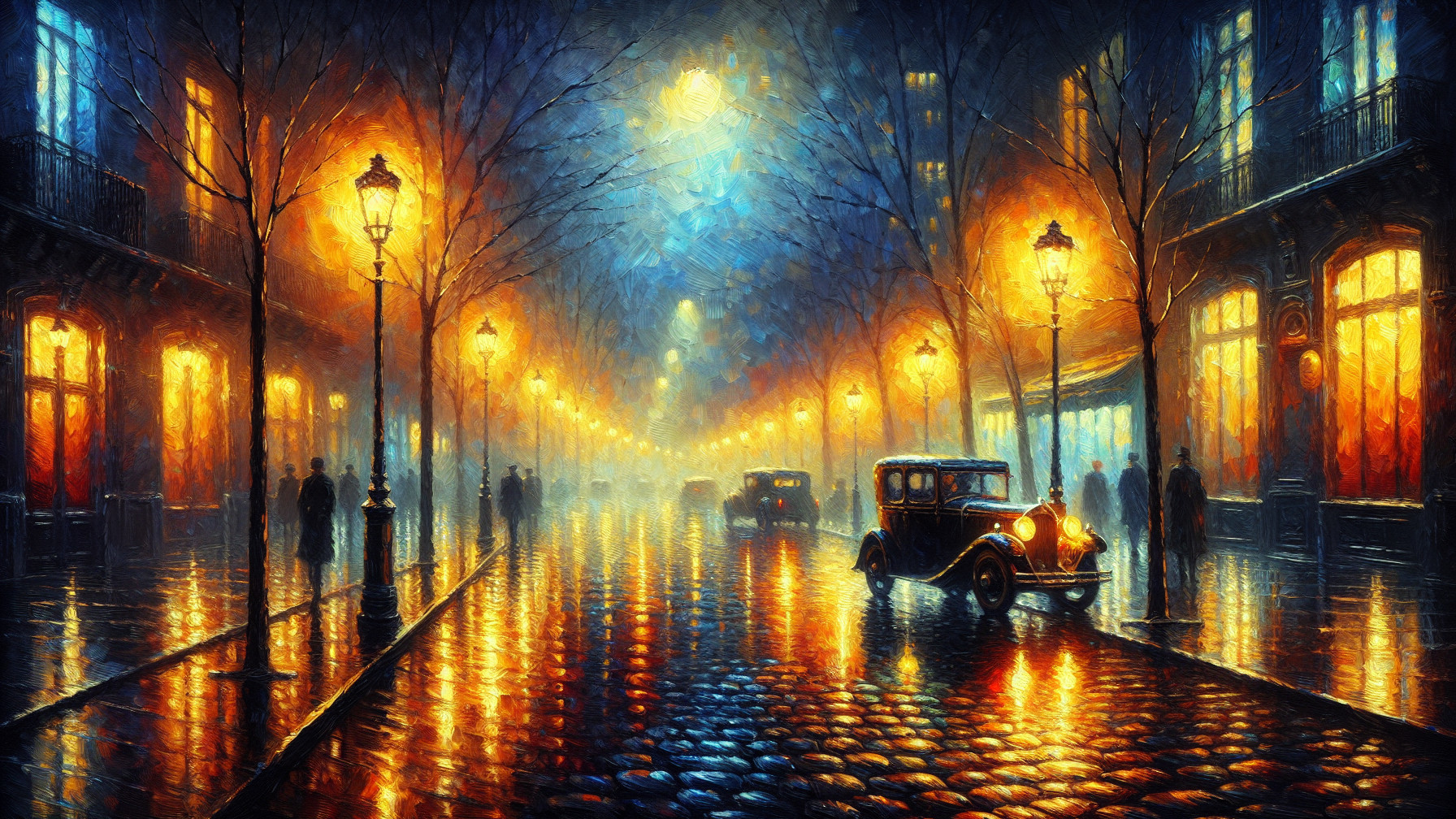 Vibrant Street Scene with Misty Evening Atmosphere