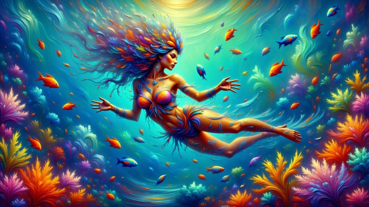 Vibrant Underwater Scene with Graceful Figure and Coral