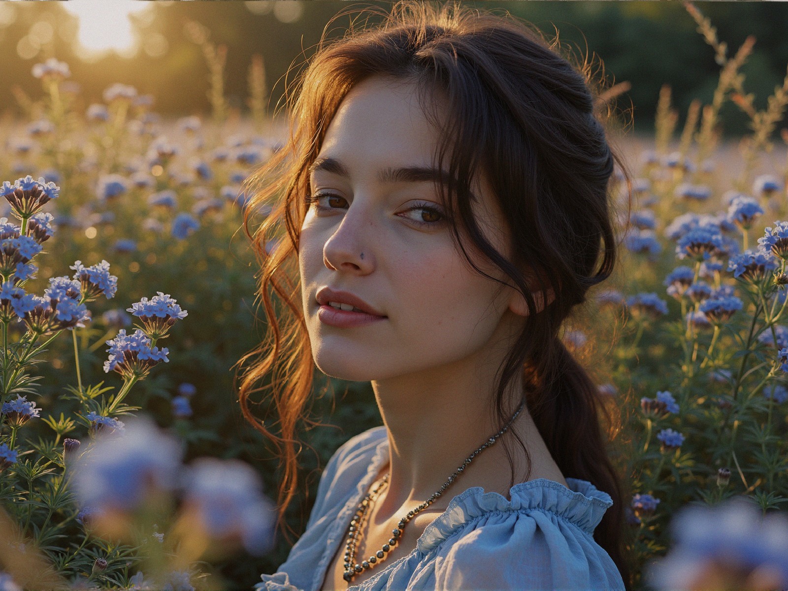 Young woman in blue flowers under warm sunlight