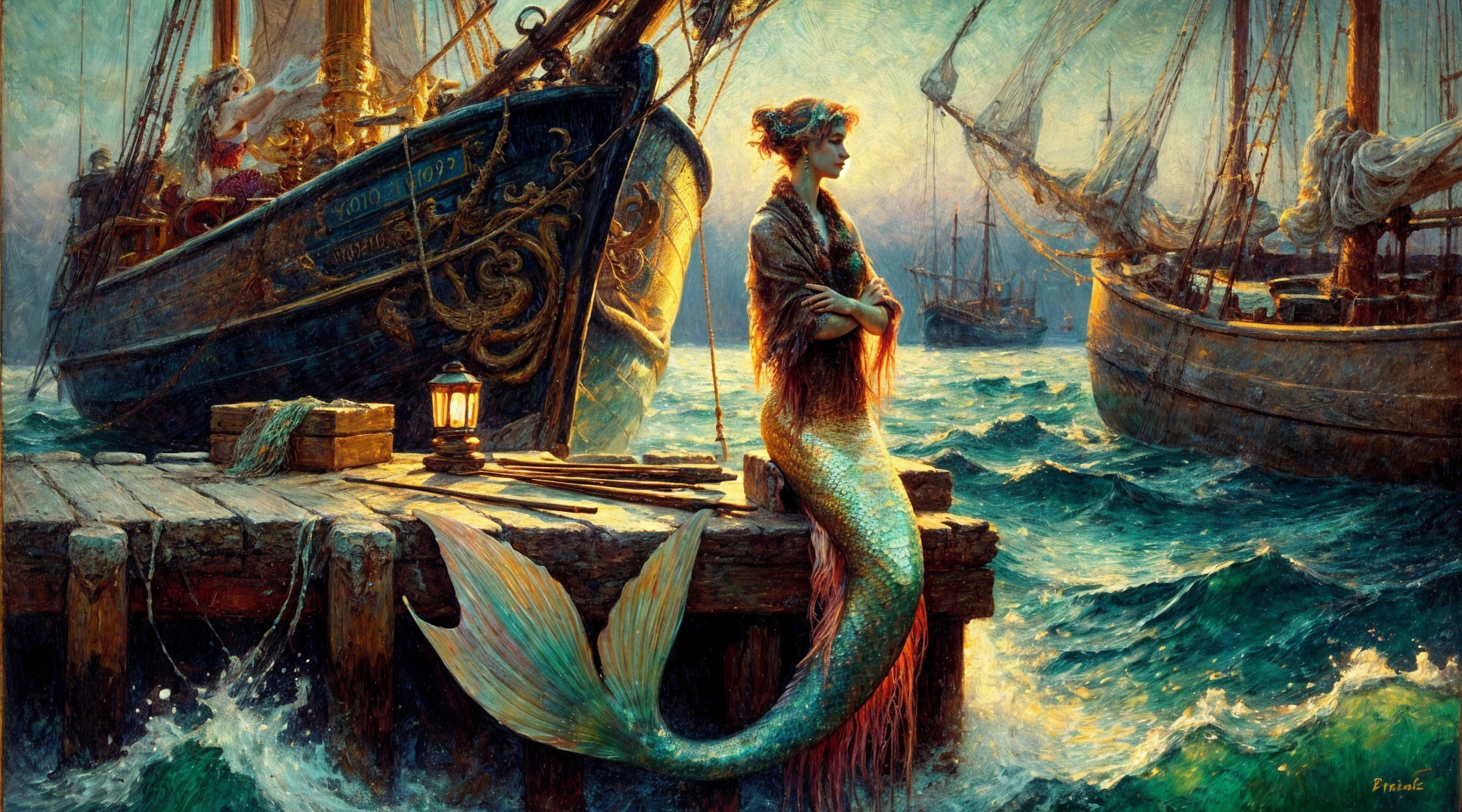 Twilight Coastal Scene with Mermaid and Ships