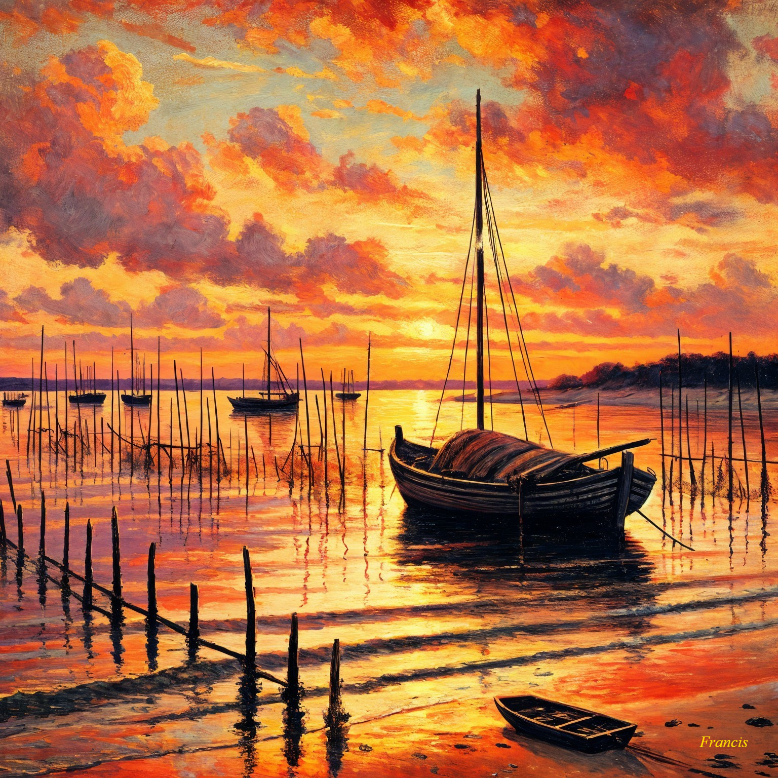Tranquil Sunset Over Calm Waters with Silhouetted Boats