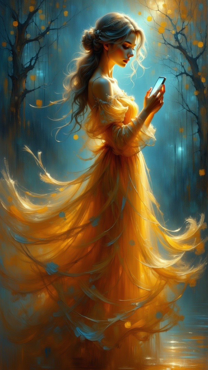 Woman in Golden Gown in Mystical Forest Setting