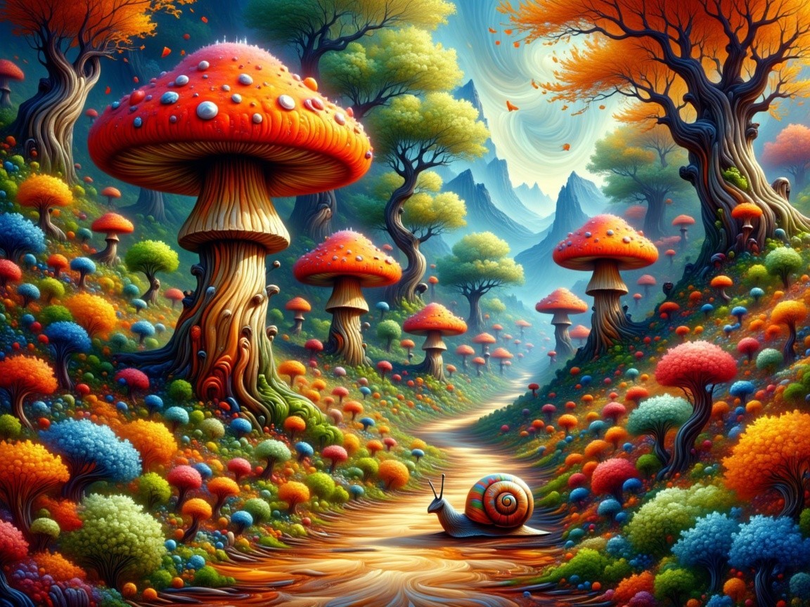Vibrant Fantasy Landscape with Colorful Mushrooms and Plants