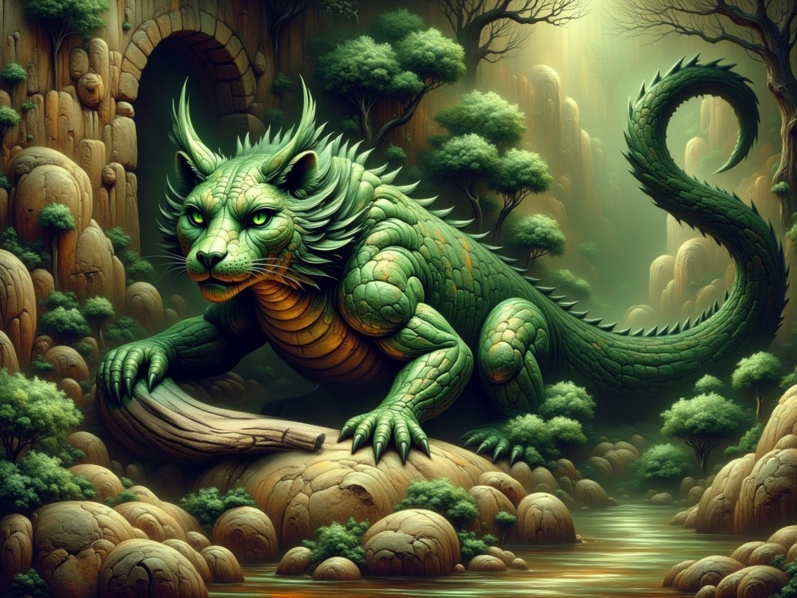 Majestic Dragon-Feline Creature in Mystical Landscape