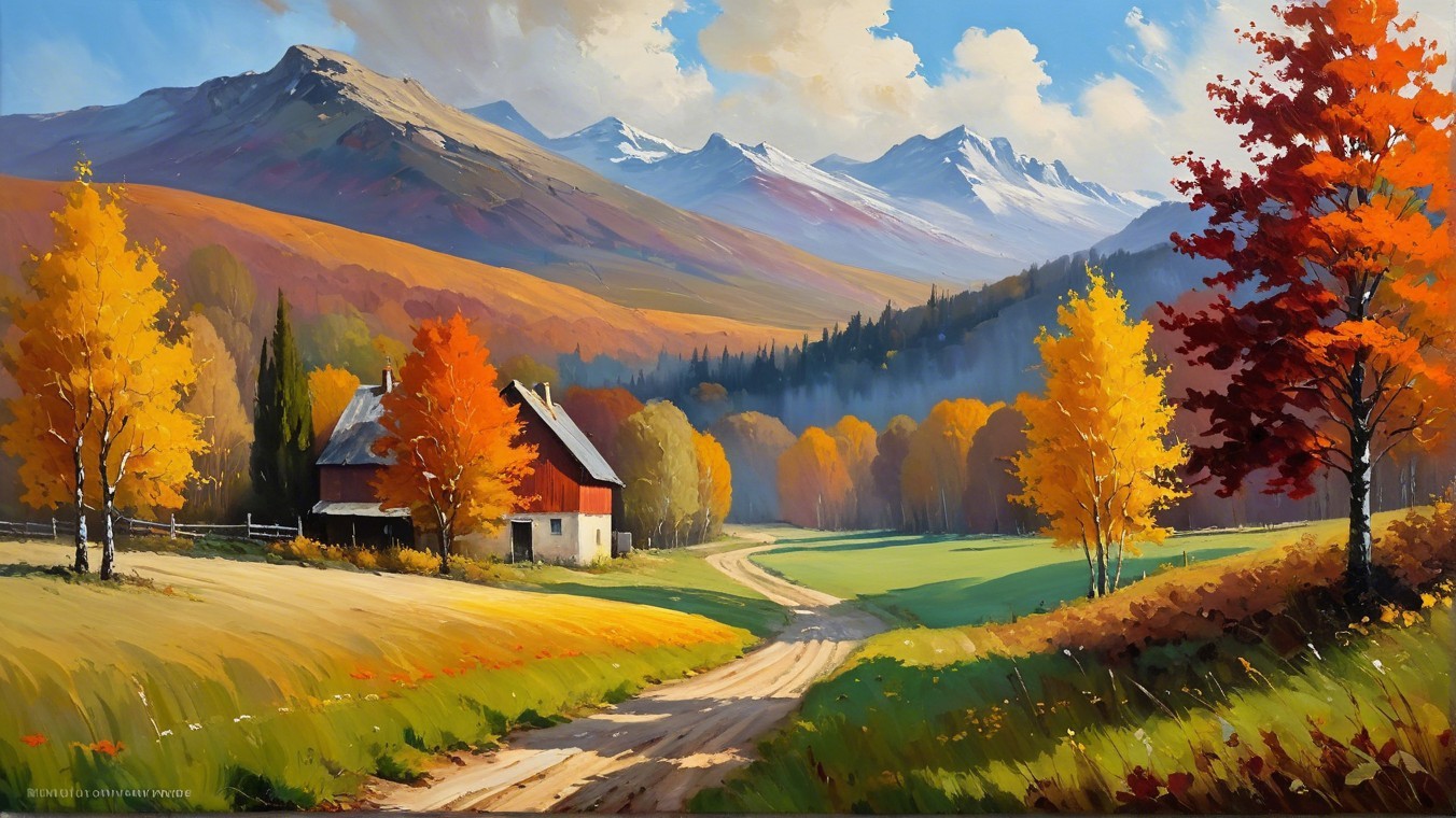 Rustic Farmhouse in Vibrant Autumn Landscape