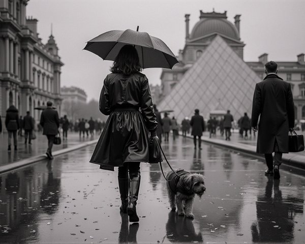 Woman with dog near the Louvre in rainy atmosphere