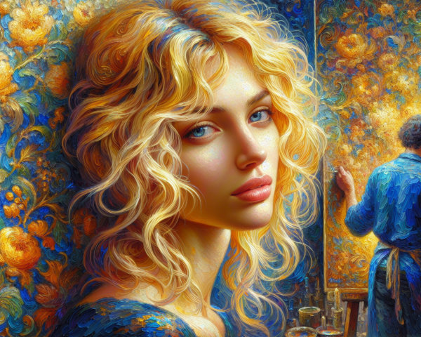Young woman with blonde hair in vibrant mural setting