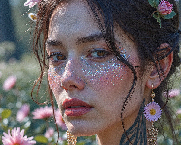 Young woman with tattoos in a sunlit garden setting
