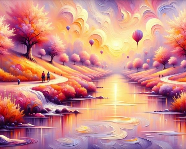 Dreamy Landscape with Vibrant Colors and Figures