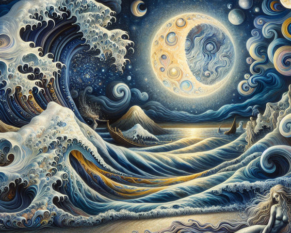 Surreal Cosmic Seascape with Waves and Starry Sky