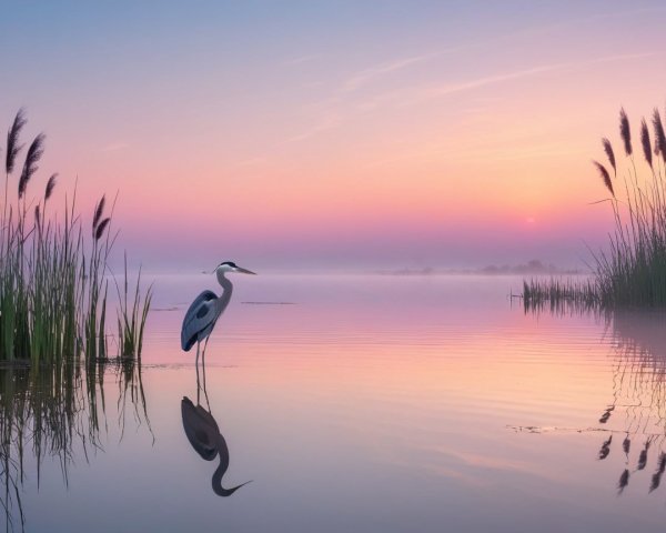 Serene Dawn Landscape with Heron and Misty Waters