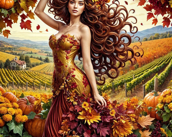 Autumn Landscape with Figure in Vibrant Gown