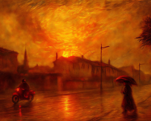 Golden Sunset Over Rainy Street with Silhouetted Buildings