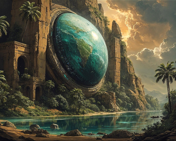 Futuristic Globe Amidst Ancient Ruins and Nature