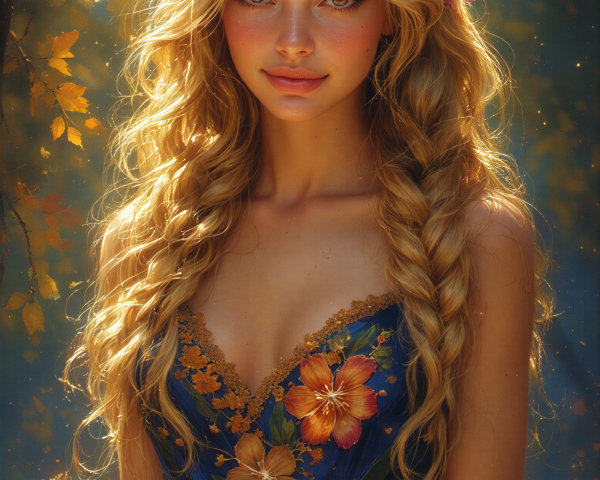 Young woman in blue dress with floral patterns