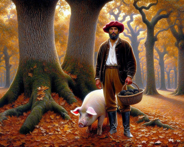 Man in Period Clothing with Pig Among Autumn Trees